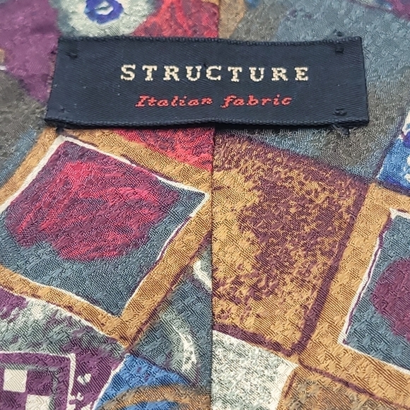 Structure 100% Silk Italian Fabric Checkered Geometric Men's Tie - Picture 3 of 3